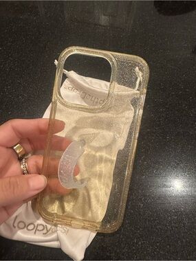 iPhone 14 Pro-Loopy Case Clear Gold Glitter Phone Case with Hand Loop